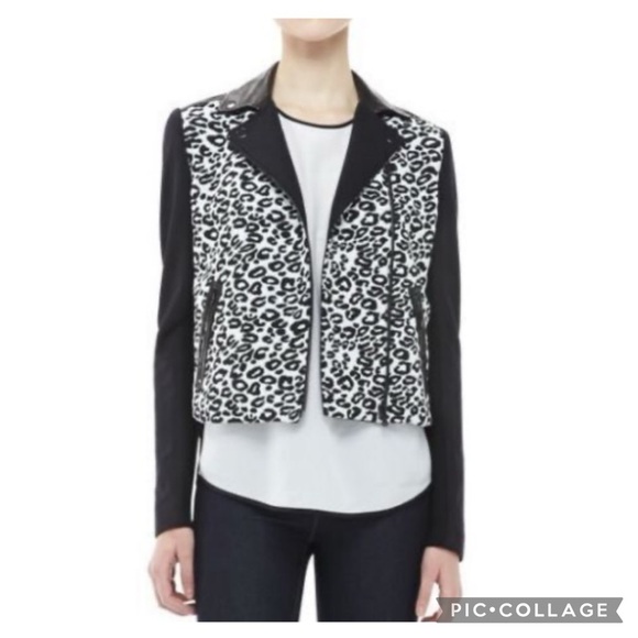 Rebecca Taylor Jacquard Black Leopard & Leather Trim Moto Jacket Size 2 NWT - Picture 3 of 15